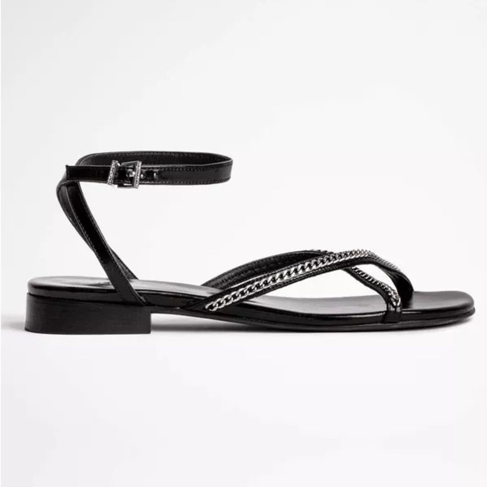 Nib Zadig & Voltaire Rockzy Vintage Patent And Chains Flat Sandals Black Sz 36